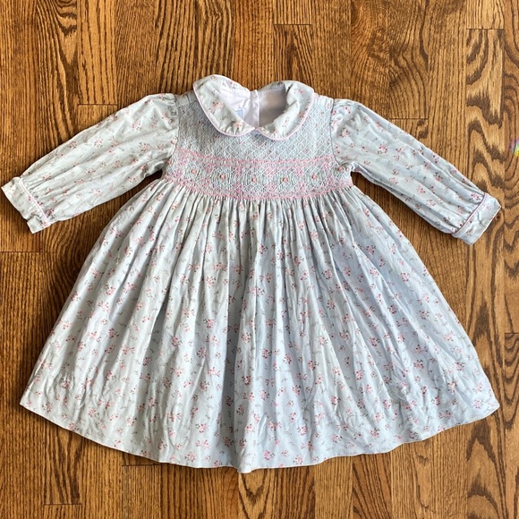 Pale blue floral lightweight corduroy Anavini long sleeve smocked dress, size 2 - Picture 1 of 16